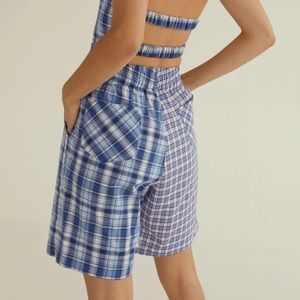 Permanent Vacation spliced plaid long bermuda length shorts